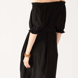 Women's Black Ruffled Shoulder Midi Dress Rear View