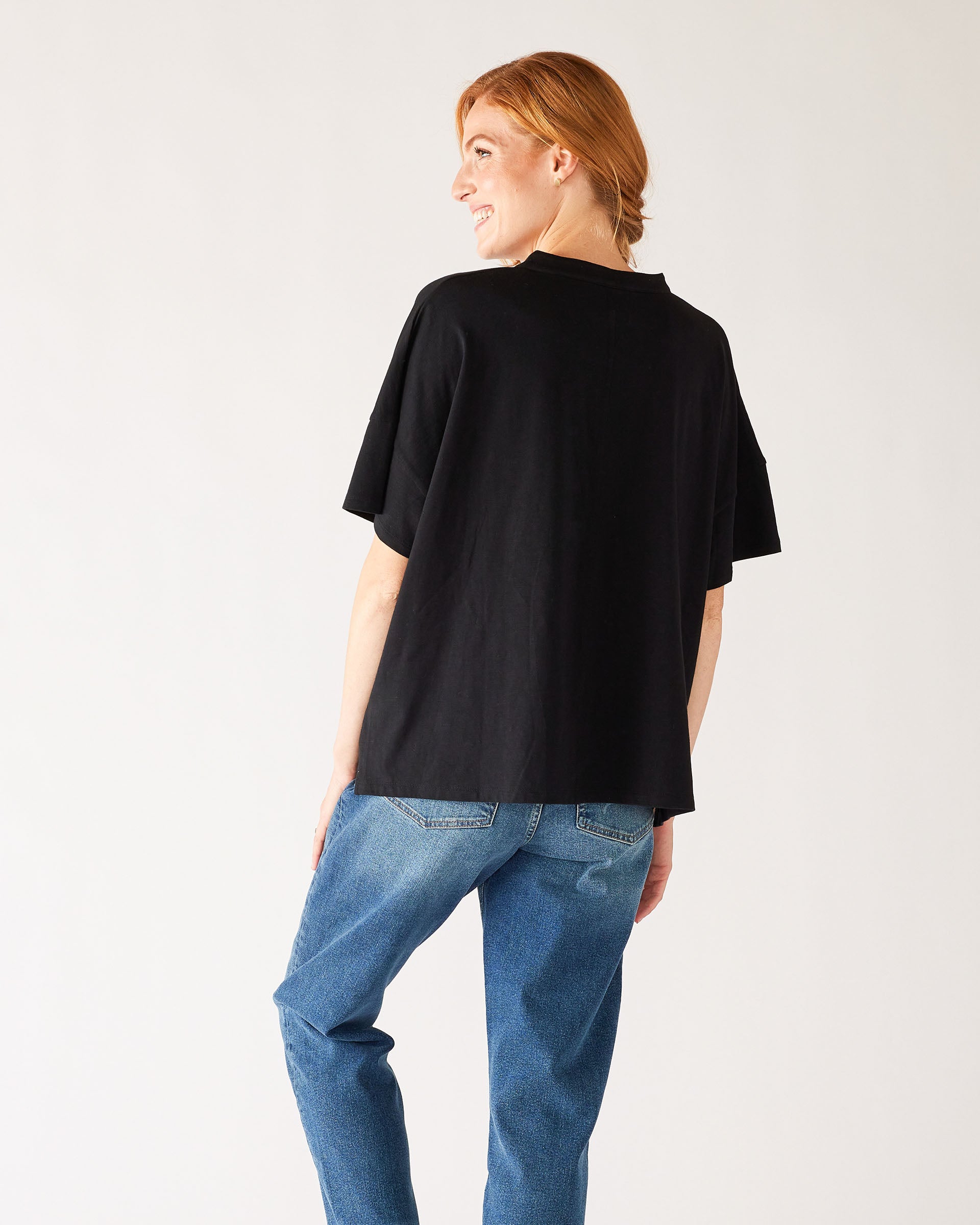 Women's One Size Black Short Sleeve Tee with Two Pockets on Chest Back View