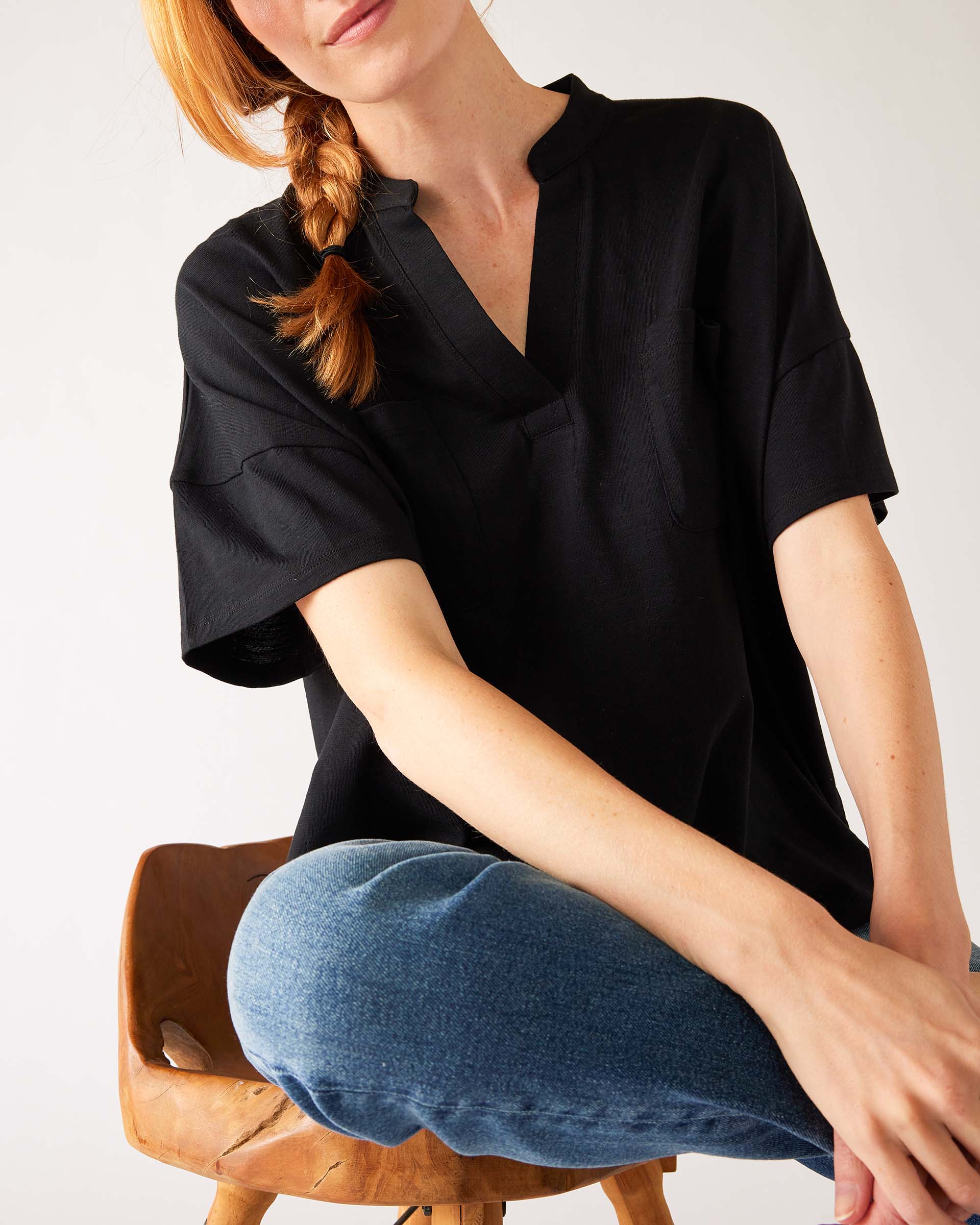 Women's One Size Black Short Sleeve Tee with Two Pockets on Chest Front View Pocket Detail