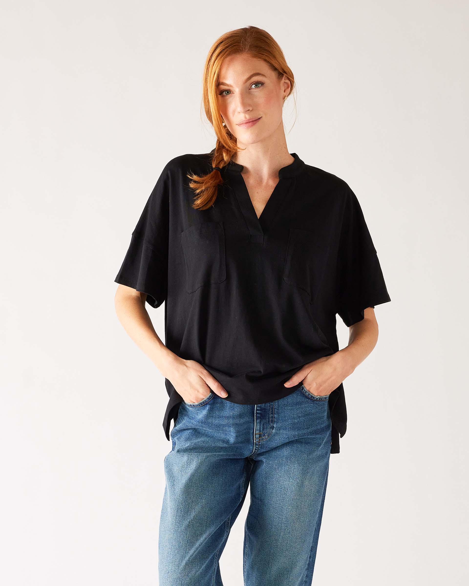 Women's One Size Black Short Sleeve Tee with Two Pockets on Chest Front View