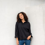 Women's Black Pop Up Collar Top Long Sleeve