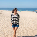 Women's Oversized Black Striped Vneck Sweater