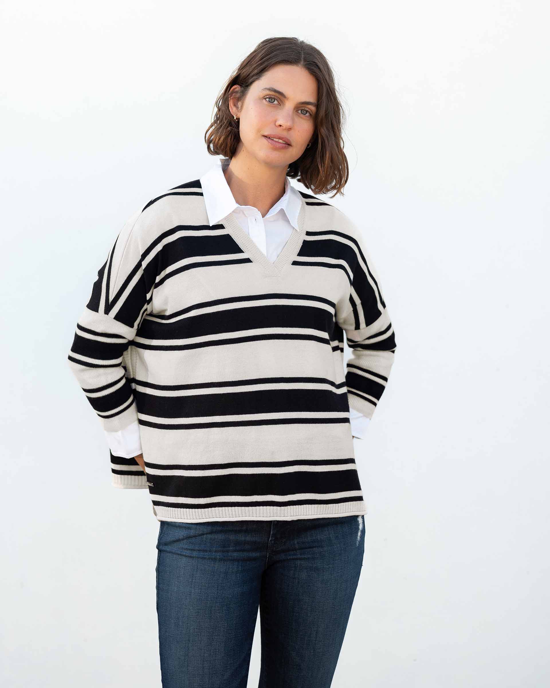 Women's Oversized Black Striped Vneck Sweater