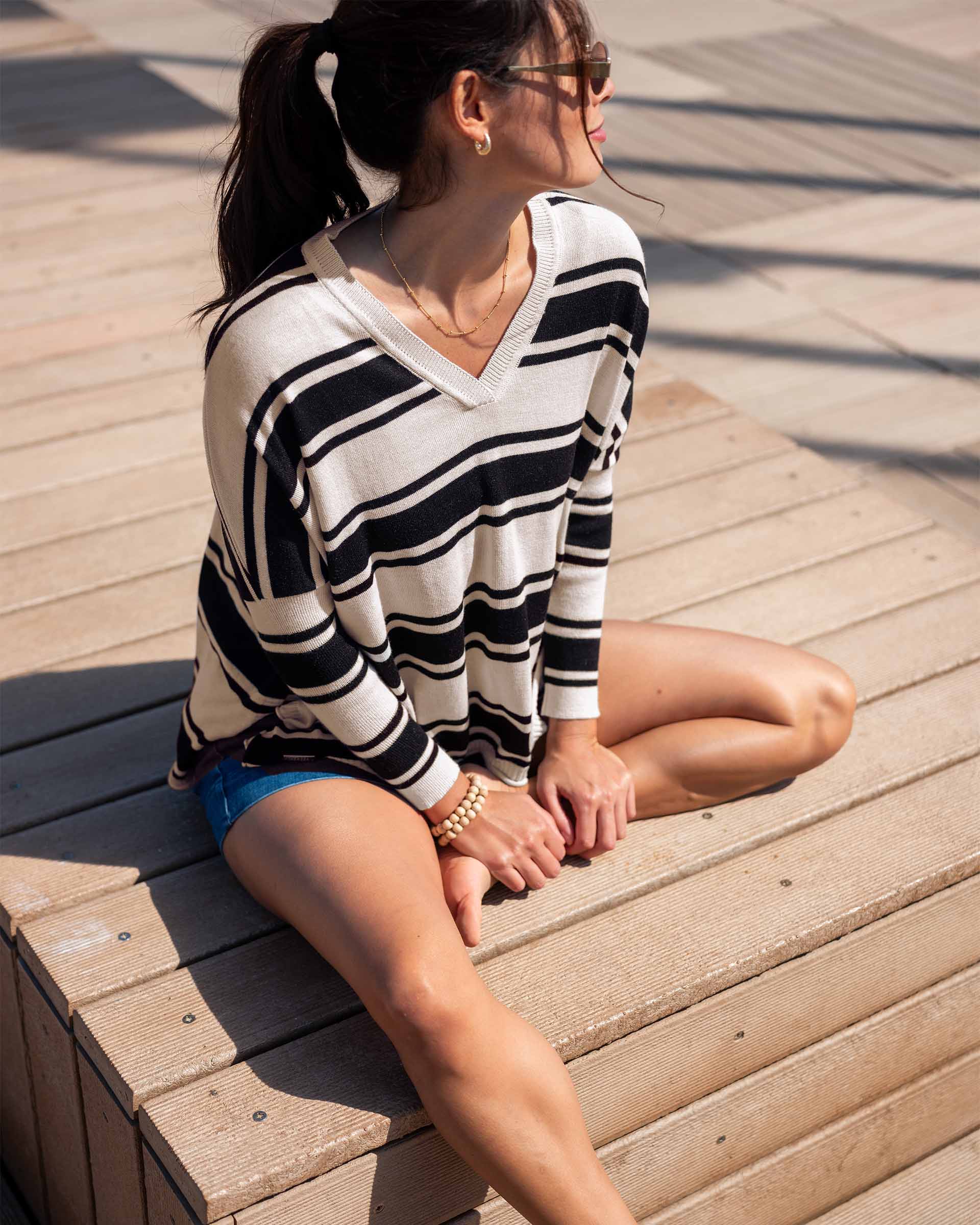 Women's Oversized Black Striped Vneck Sweater