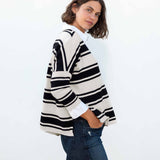 Women's Oversized Black Striped Vneck Sweater