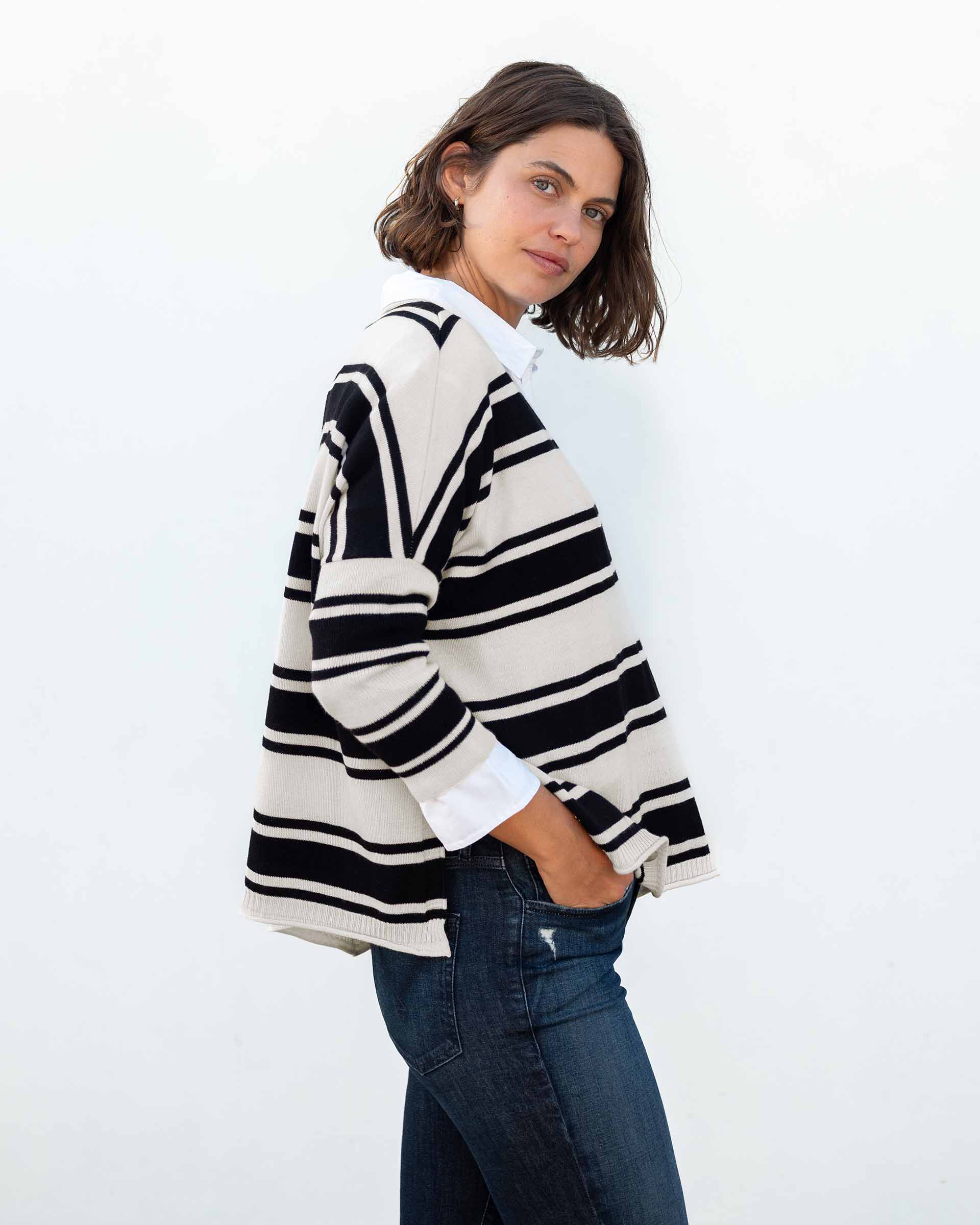 Women's Oversized Black Striped Vneck Sweater