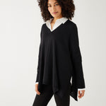 Women's One Size Vneck Knit Sweater in Black Chest View Drape