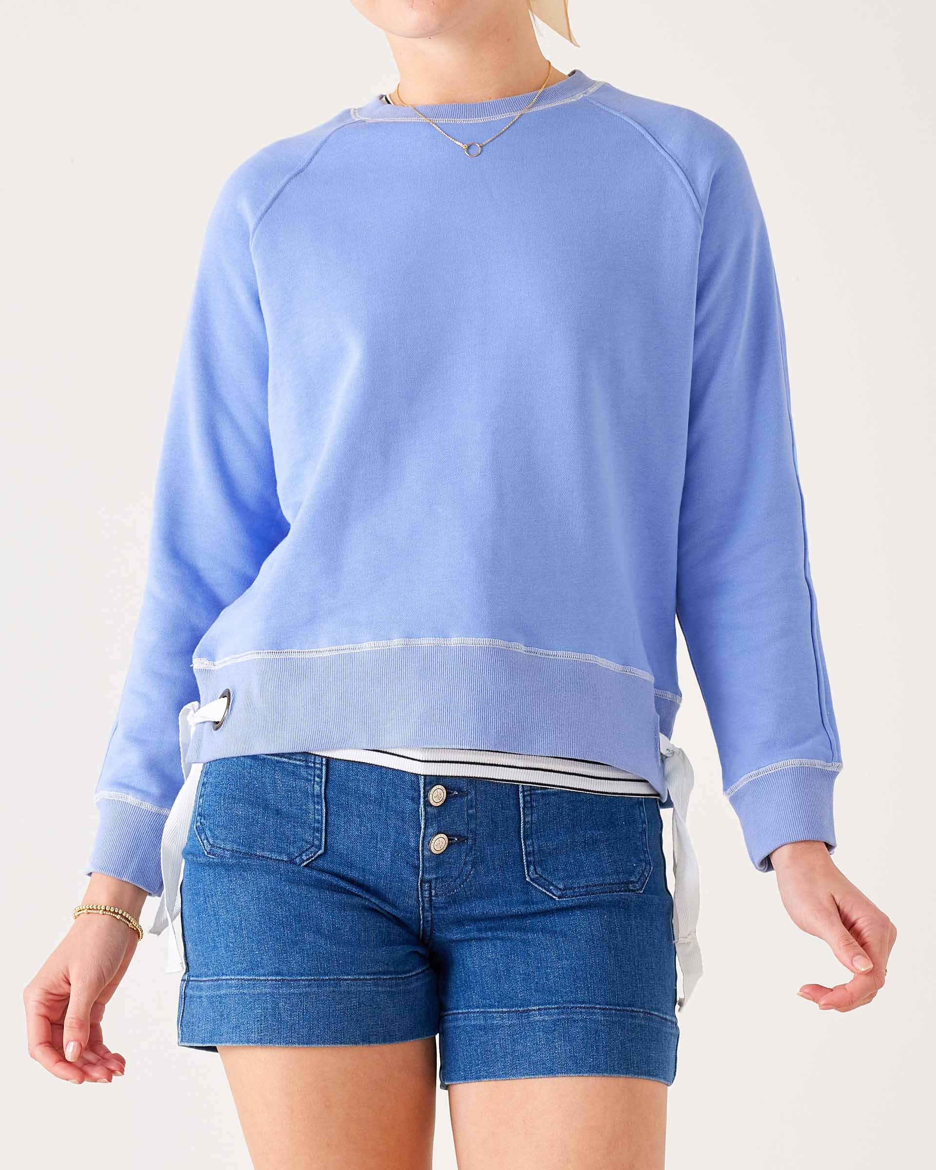 Women's Light Blue Crewneck Sweatshirt with Adjustable Ribbon Ties