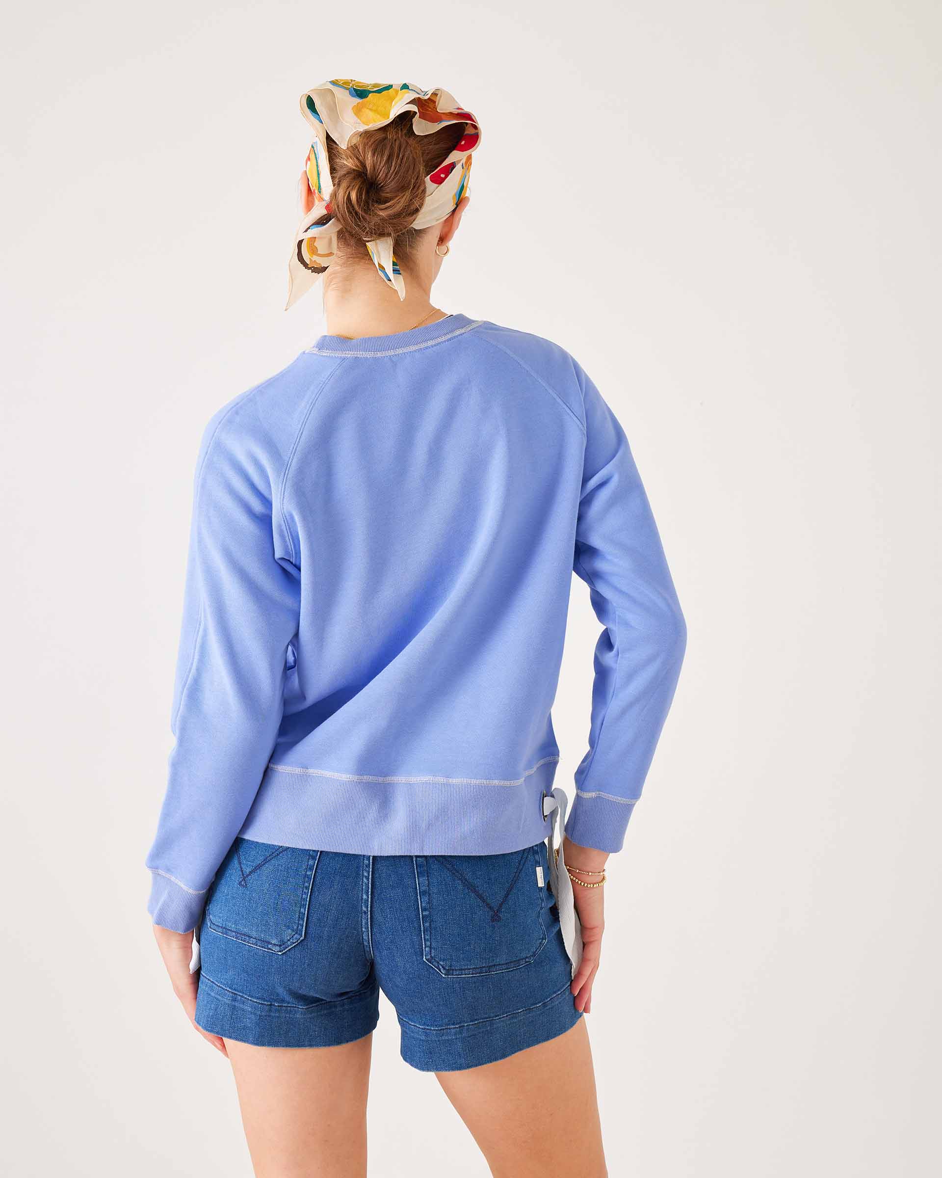 Women's Light Blue Crewneck Sweatshirt with Adjustable Ribbon Ties