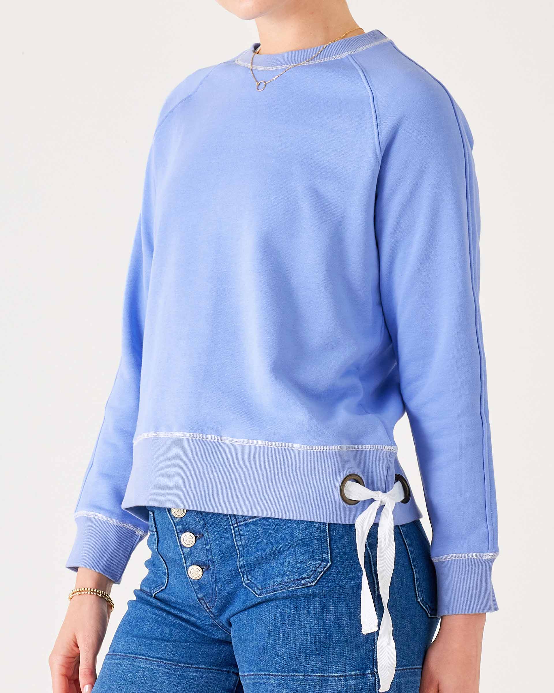 Women's Light Blue Crewneck Sweatshirt with Adjustable Ribbon Ties