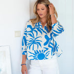 Women's Blue Floral Quarter Sleeve Top