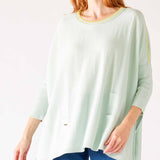 Women's Oversized Crewneck Knit Sweater in Blue Green Contrast Chest View