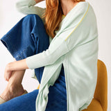 Women's Oversized Crewneck Knit Sweater in Blue Green Contrast Side Slits View