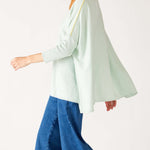 Women's Oversized Crewneck Knit Sweater in Blue Green Contrast Side View Drape