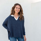 Women's Blue Collared V-Neck Sweater One Size