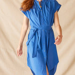 Women's Blue Lightweight Rolled Cuff Sleeves Self Belt Aphrodite Shirt Dress Front View