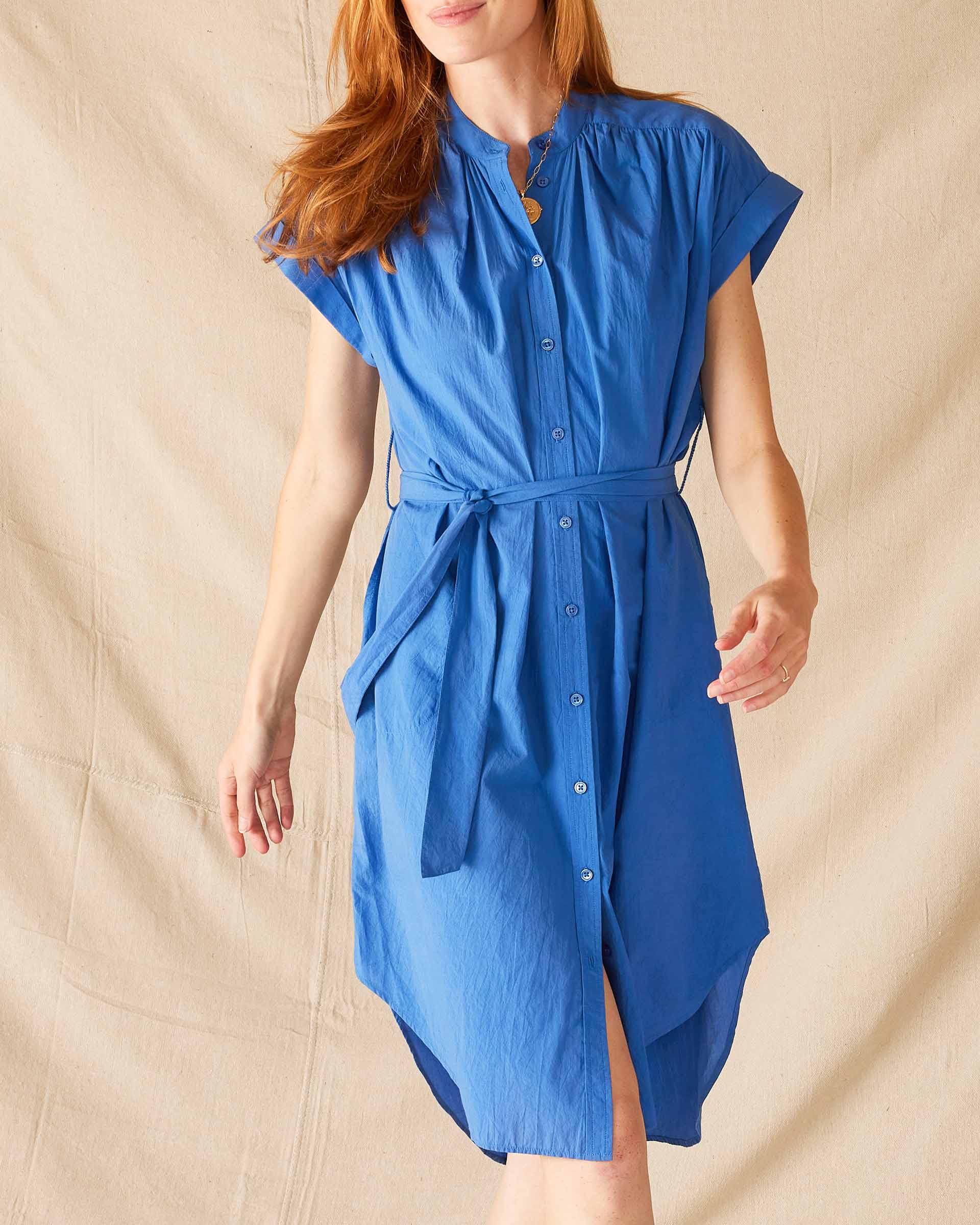 Women's Blue Lightweight Rolled Cuff Sleeves Self Belt Aphrodite Shirt Dress Front View