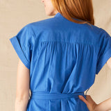 Women's Blue Lightweight Rolled Cuff Sleeves Self Belt Aphrodite Shirt Dress Rear View