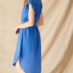 Women's Blue Lightweight Rolled Cuff Sleeves Self Belt Aphrodite Shirt Dress Side View