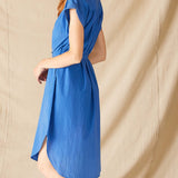 Women's Blue Lightweight Rolled Cuff Sleeves Self Belt Aphrodite Shirt Dress Side View