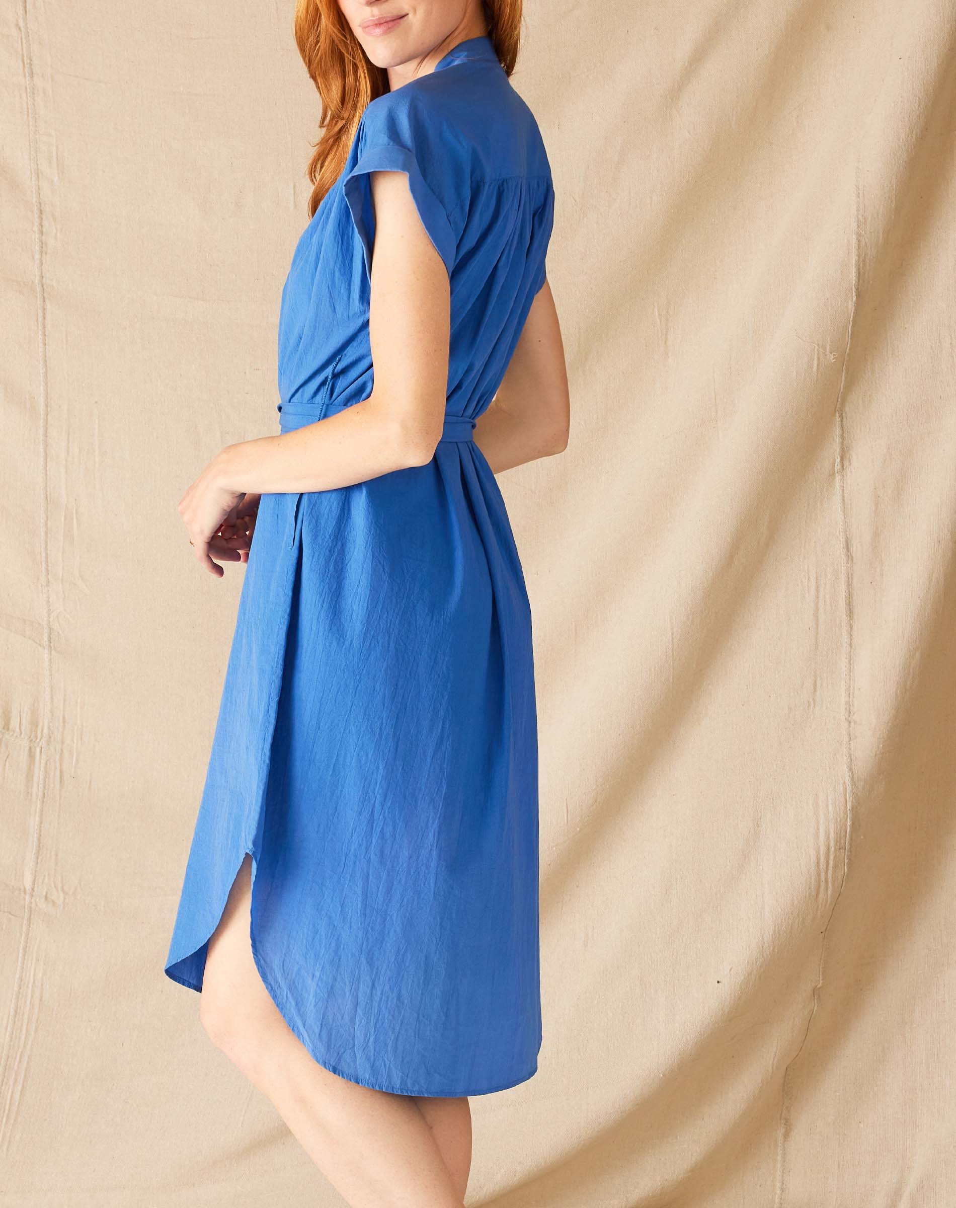 Women's Blue Lightweight Rolled Cuff Sleeves Self Belt Aphrodite Shirt Dress Side View