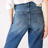 Women's Blue Medium Dark Wash Boyfriend Straight Leg Jeans Close Up Rear View Back Pocket Detail