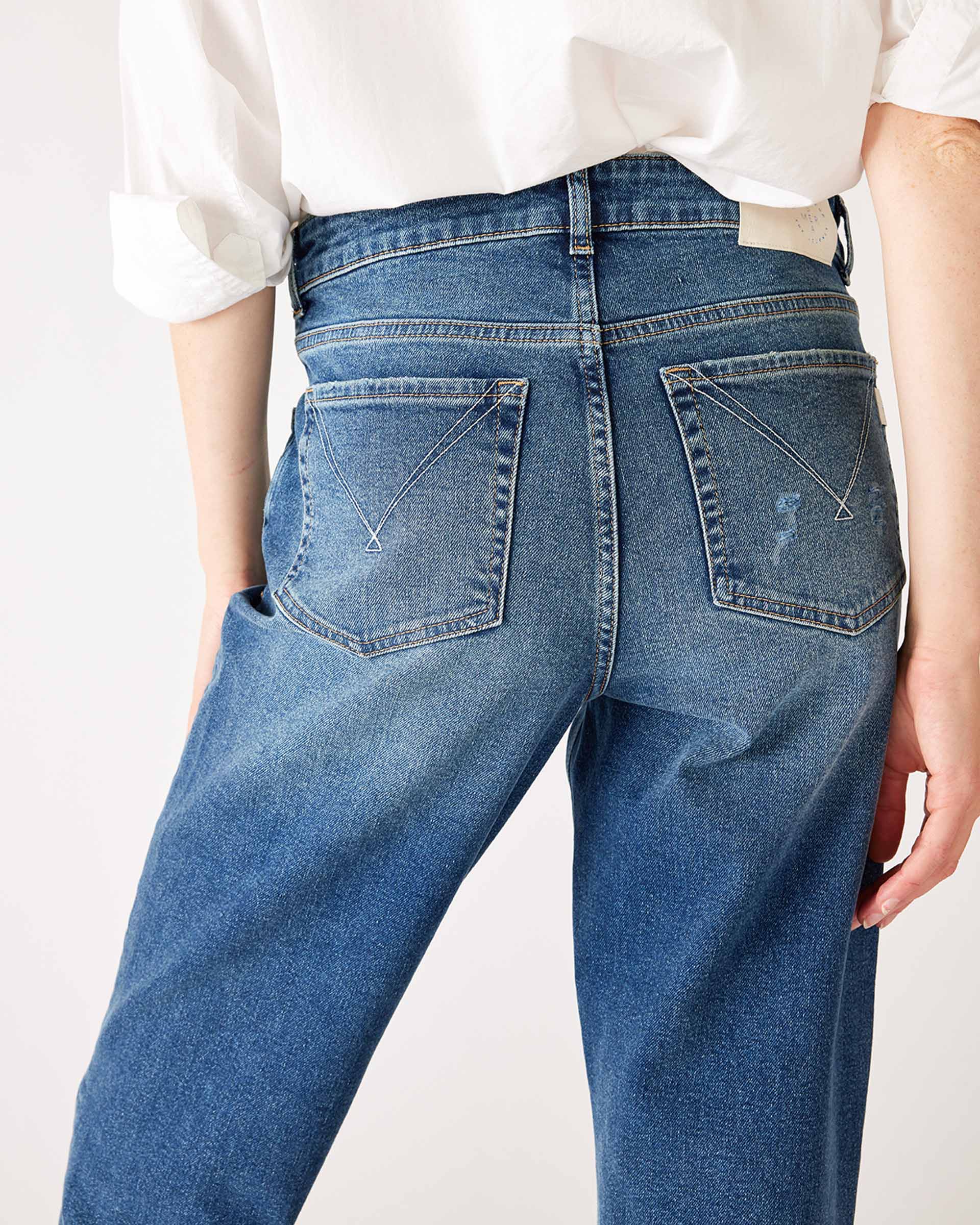 Women's Blue Medium Dark Wash Boyfriend Straight Leg Jeans Close Up Rear View Back Pocket Detail