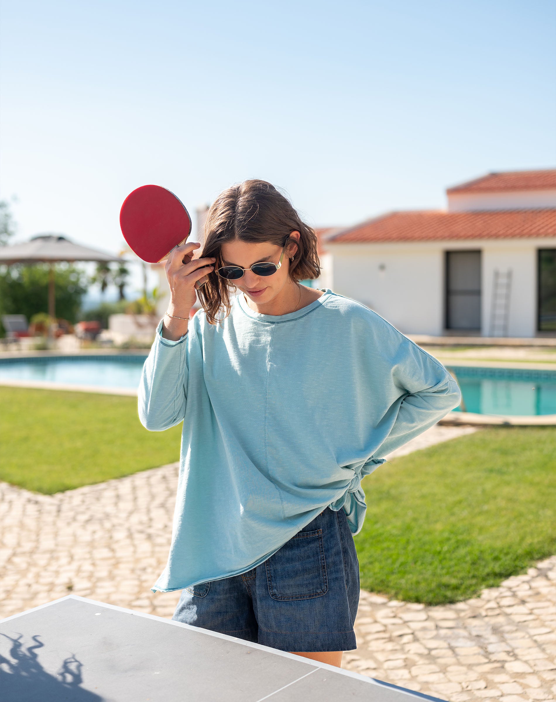 Women's Blue Oversized Slub Tee