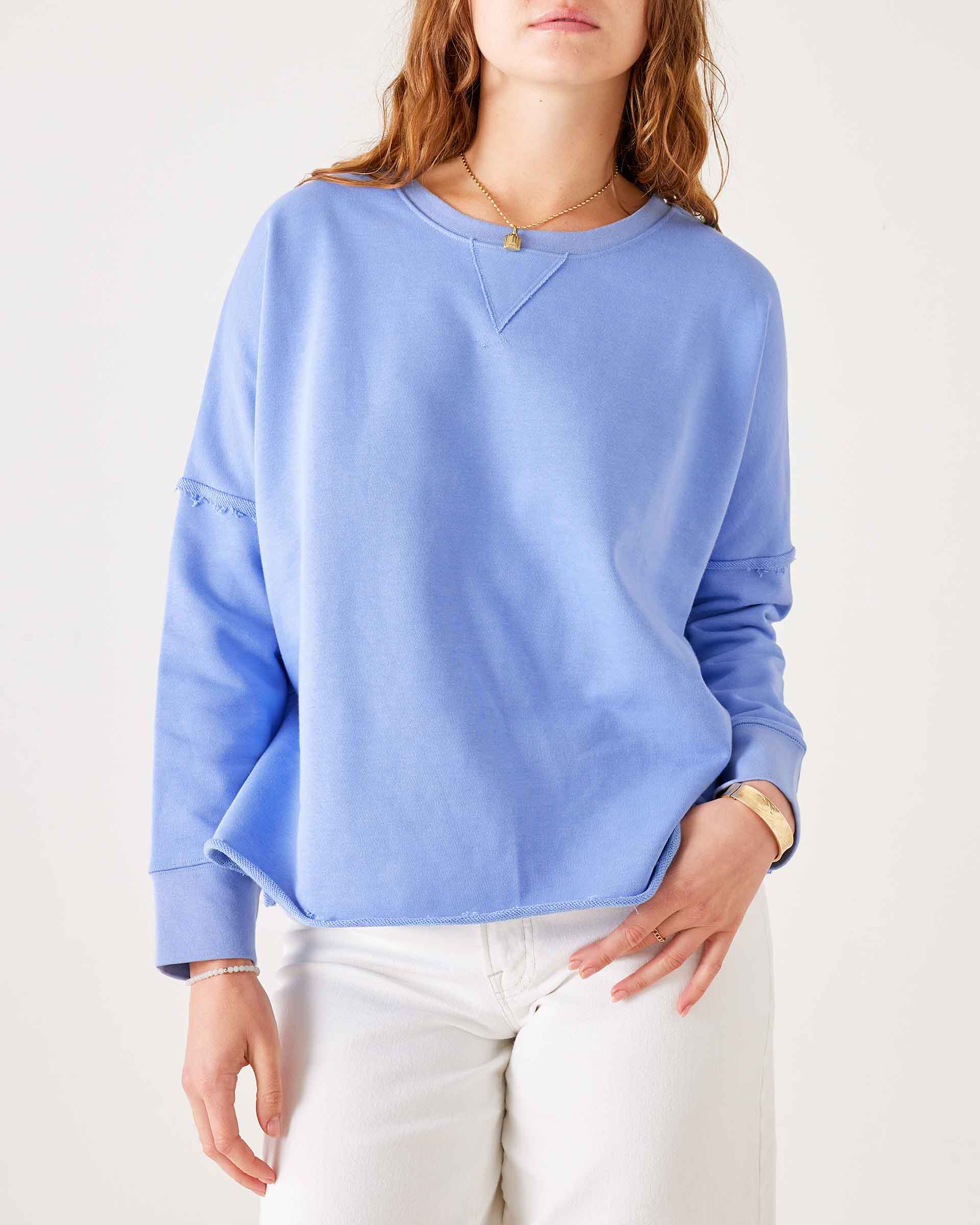 Women's Baby Blue Raw Edge Crewneck Sweatshirt with Split Sides