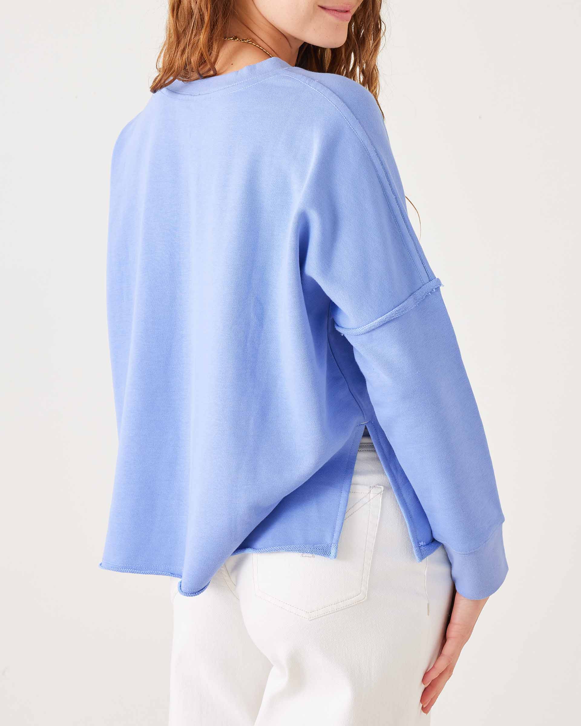 Women's Baby Blue Raw Edge Crewneck Sweatshirt with Split Sides