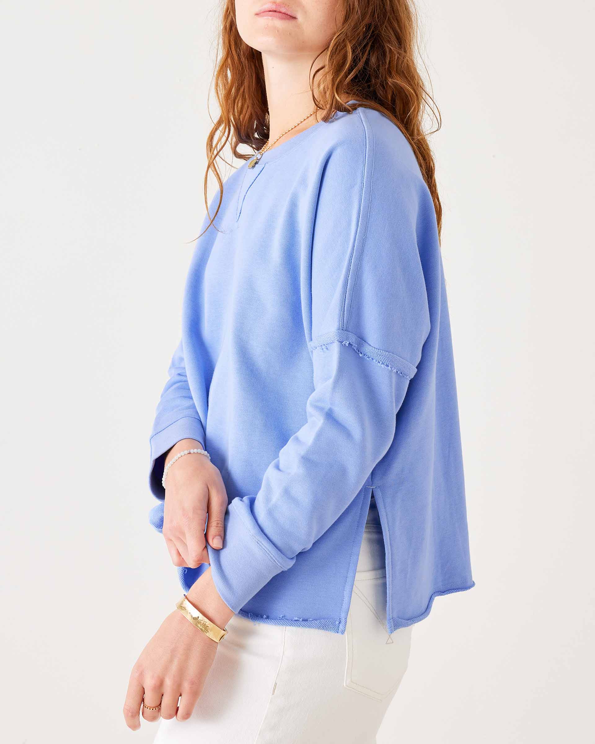 Women's Baby Blue Raw Edge Crewneck Sweatshirt with Split Sides