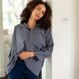 Women's Blue Pop Up Collar Top Long Sleeve