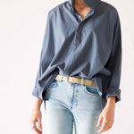 Women's Blue Pop Up Collar Top Long Sleeve