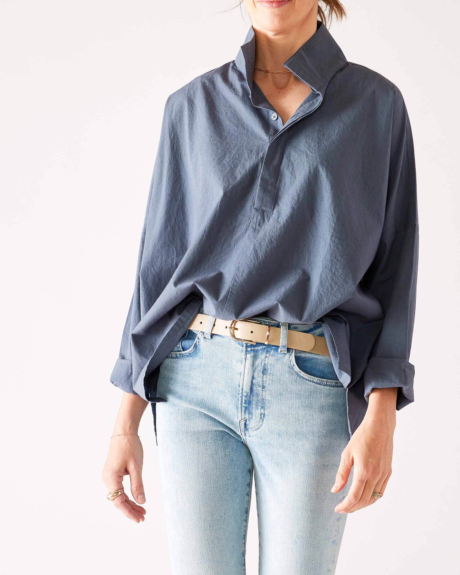 Women's Blue Pop Up Collar Top Long Sleeve