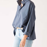 Women's Blue Pop Up Collar Top Long Sleeve