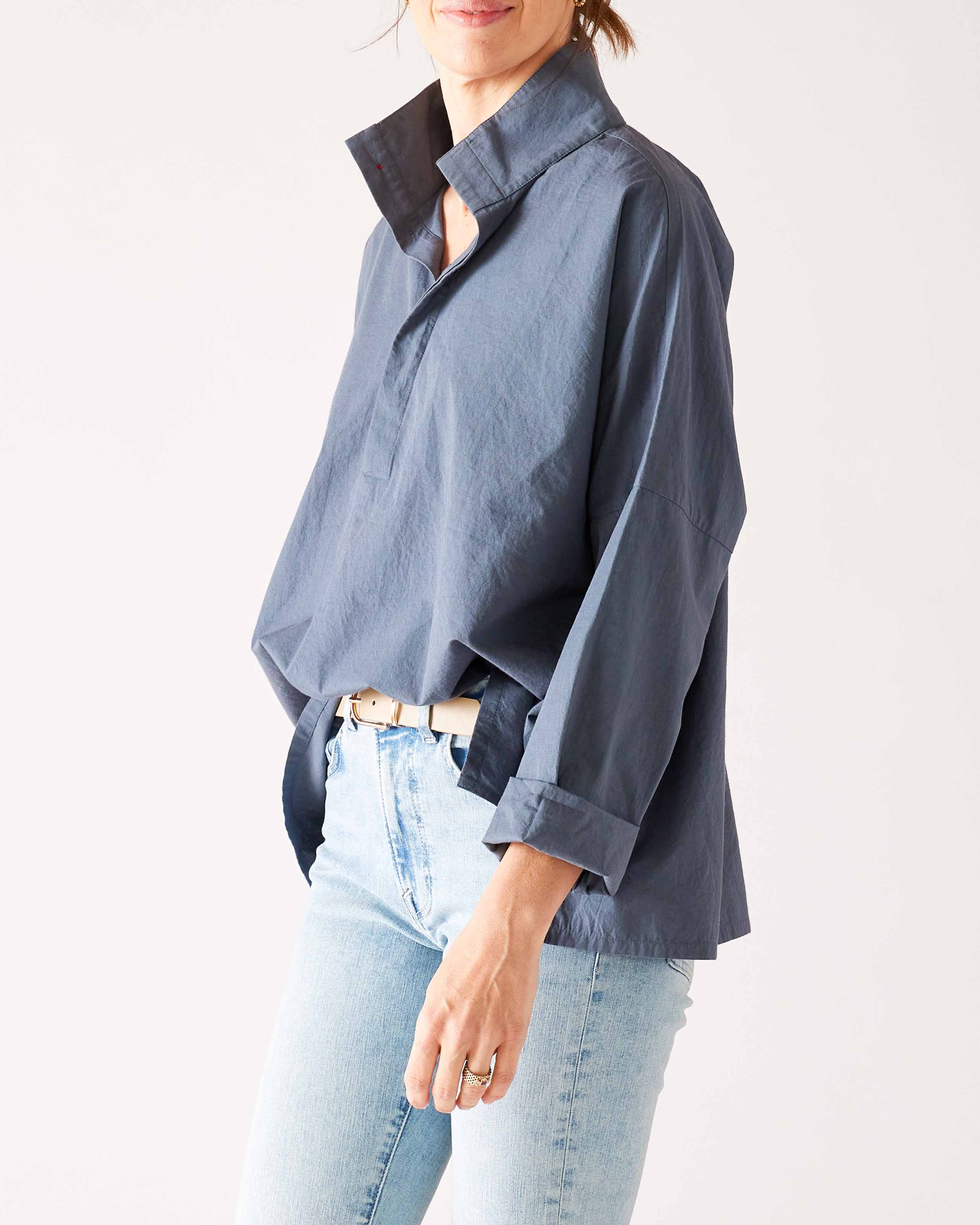 Women's Blue Pop Up Collar Top Long Sleeve