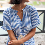 Women's Blue Striped Mini Dress Self Belt