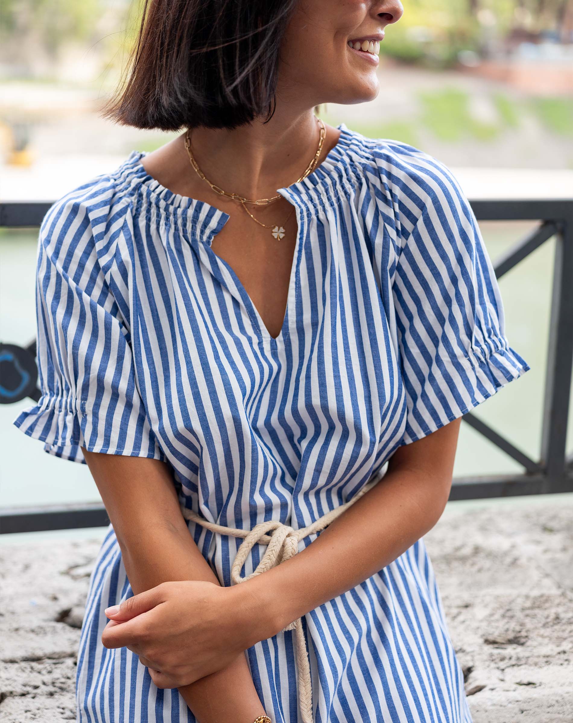 Women's Blue Striped Mini Dress Self Belt