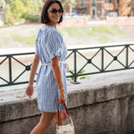 Women's Blue Striped Mini Dress Self Belt