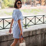 Women's Blue Striped Mini Dress Self Belt