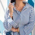 Women's Blue Striped Popped Collar Essential Shirt