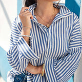 Women's Blue Striped Popped Collar Essential Shirt