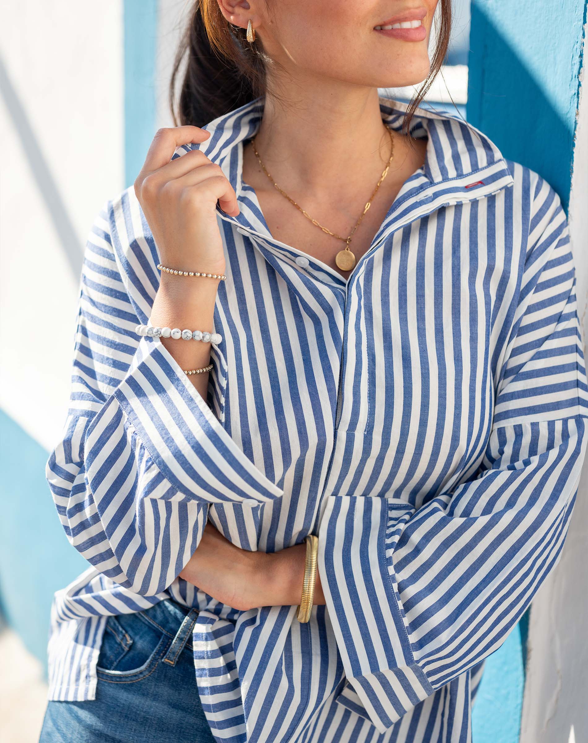 Women's Blue Striped Popped Collar Essential Shirt