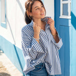 Women's Blue Striped Popped Collar Essential Shirt