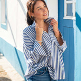 Women's Blue Striped Popped Collar Essential Shirt