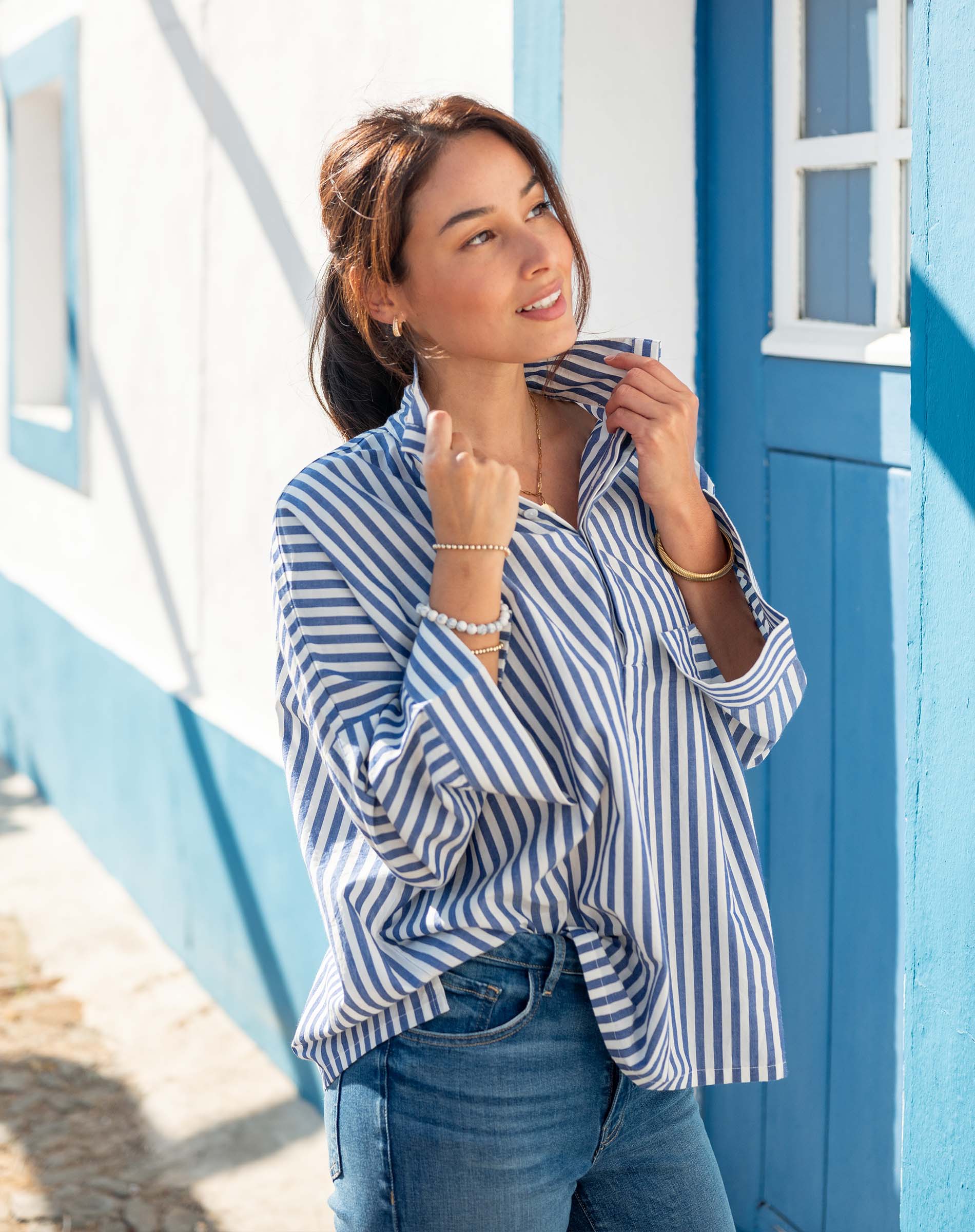 Women's Blue Striped Popped Collar Essential Shirt