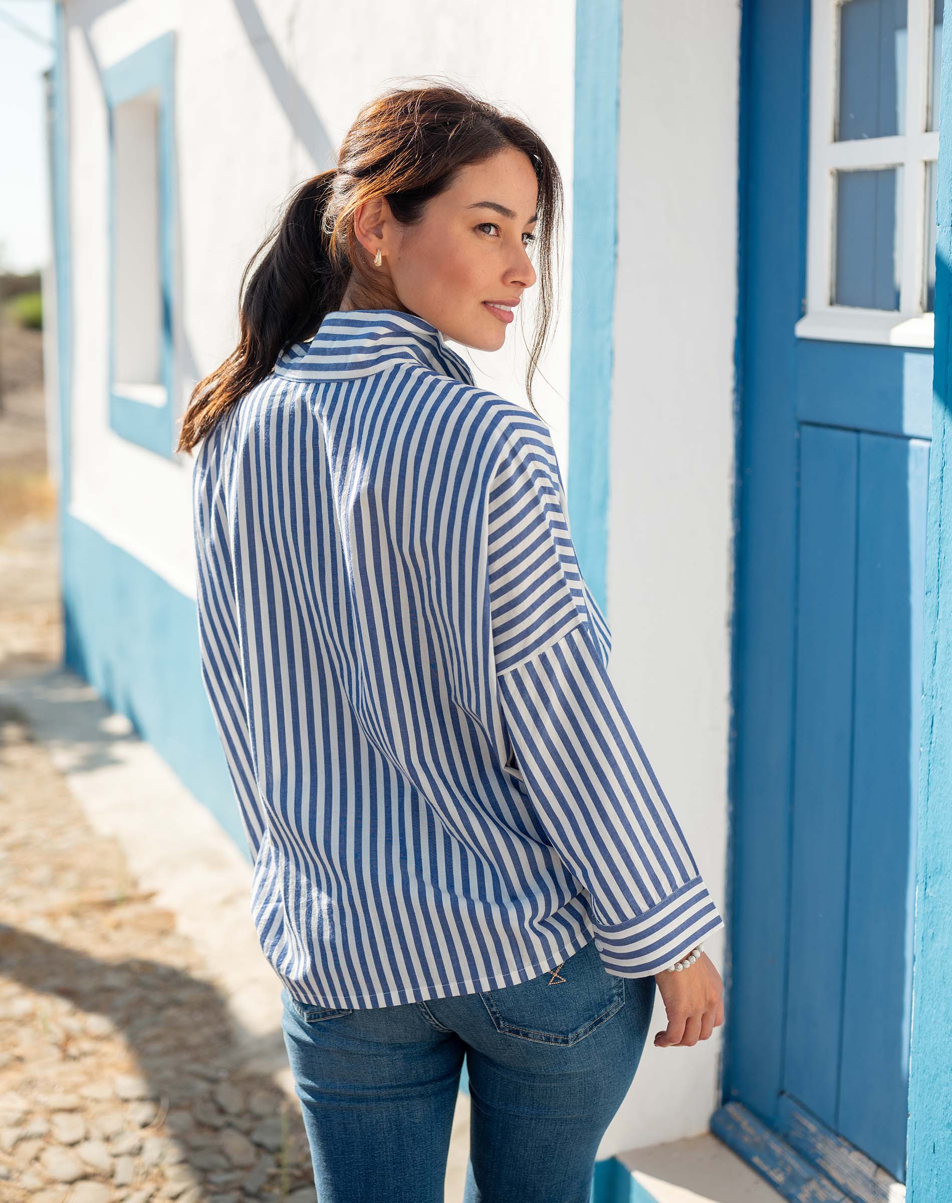 Women's Blue Striped Popped Collar Essential Shirt