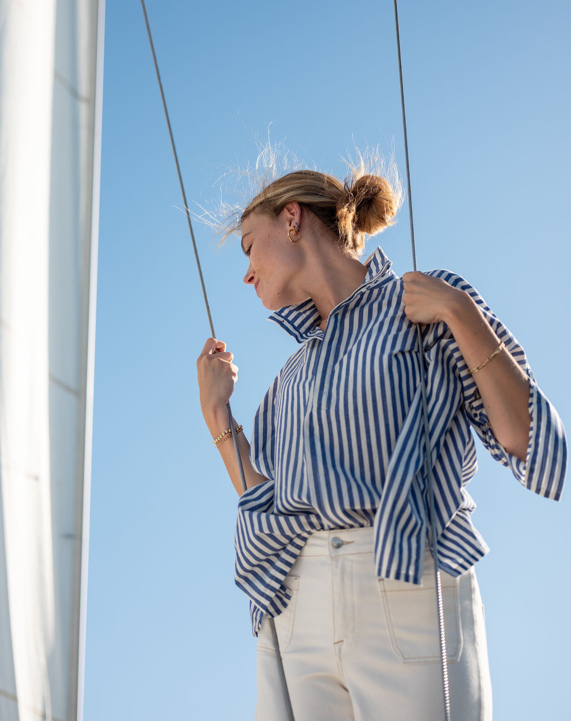 Women's Blue Striped Popped Collar Essential Shirt