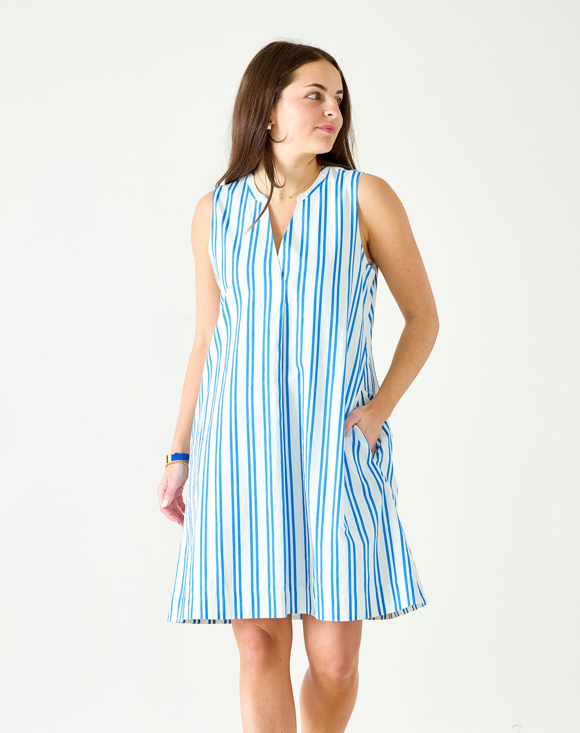 Women's Blue Striped Sleeveless Mini Dress