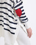 Women's One Size Blue Striped Sweater with Red Hearts on Sleeve Back View